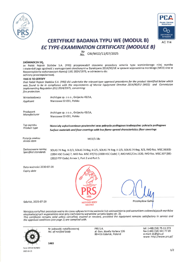 GRANDEX. EC Type-Examination Certificate (Module B) MED/3.18c- Floor coverings